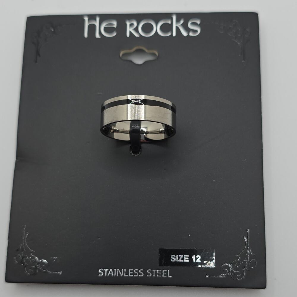 He Rocks Stainless Steel Men's Band Ring Silver Black Size 12